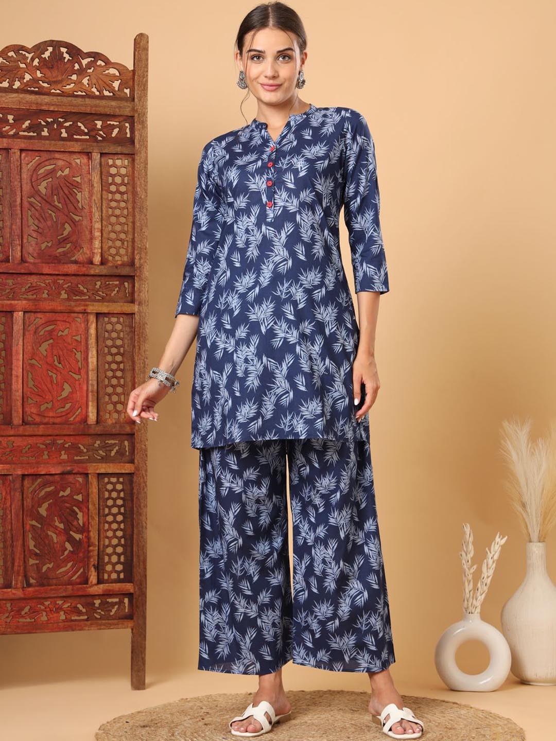 

Tissu Floral Printed Pure Cotton Mandarin Collar Tunic With Palazzos, Blue