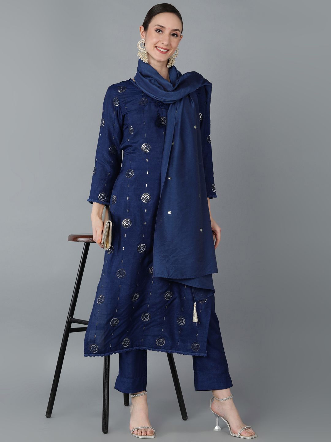 

KALINI Ethnic Motifs Embroidered Straight Sequinned Kurta with Trousers & Dupatta, Navy blue