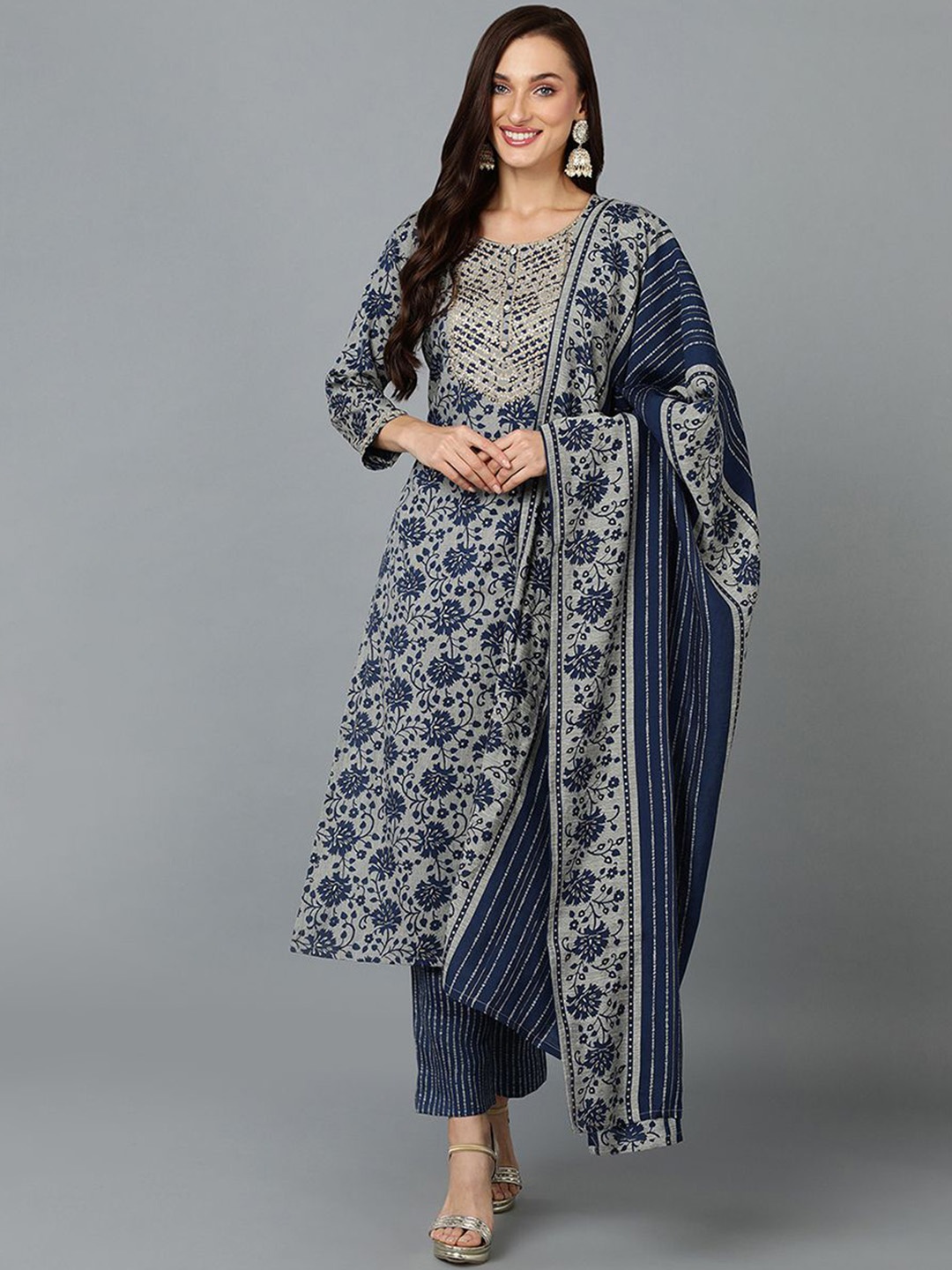 

KALINI Floral Printed Sequined Straight Kurta with Trousers & Dupatta, Grey