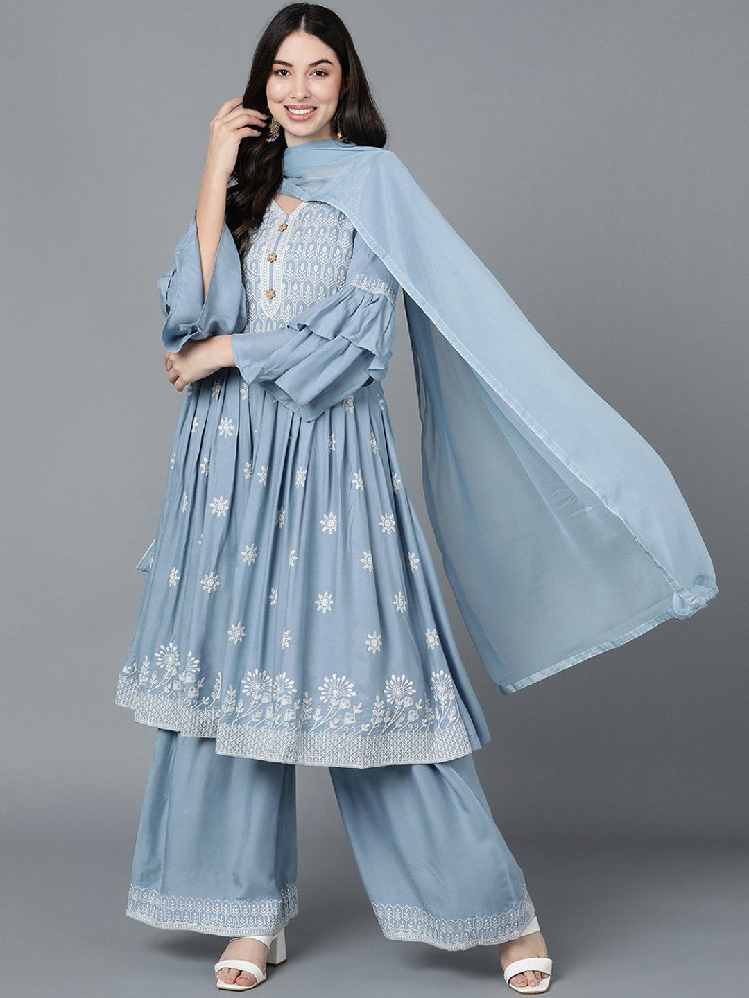 

KALINI Ethnic Motifs Embroidered V-Neck Bell Sleeves Straight Kurta with Sharara & Dupatta, Blue