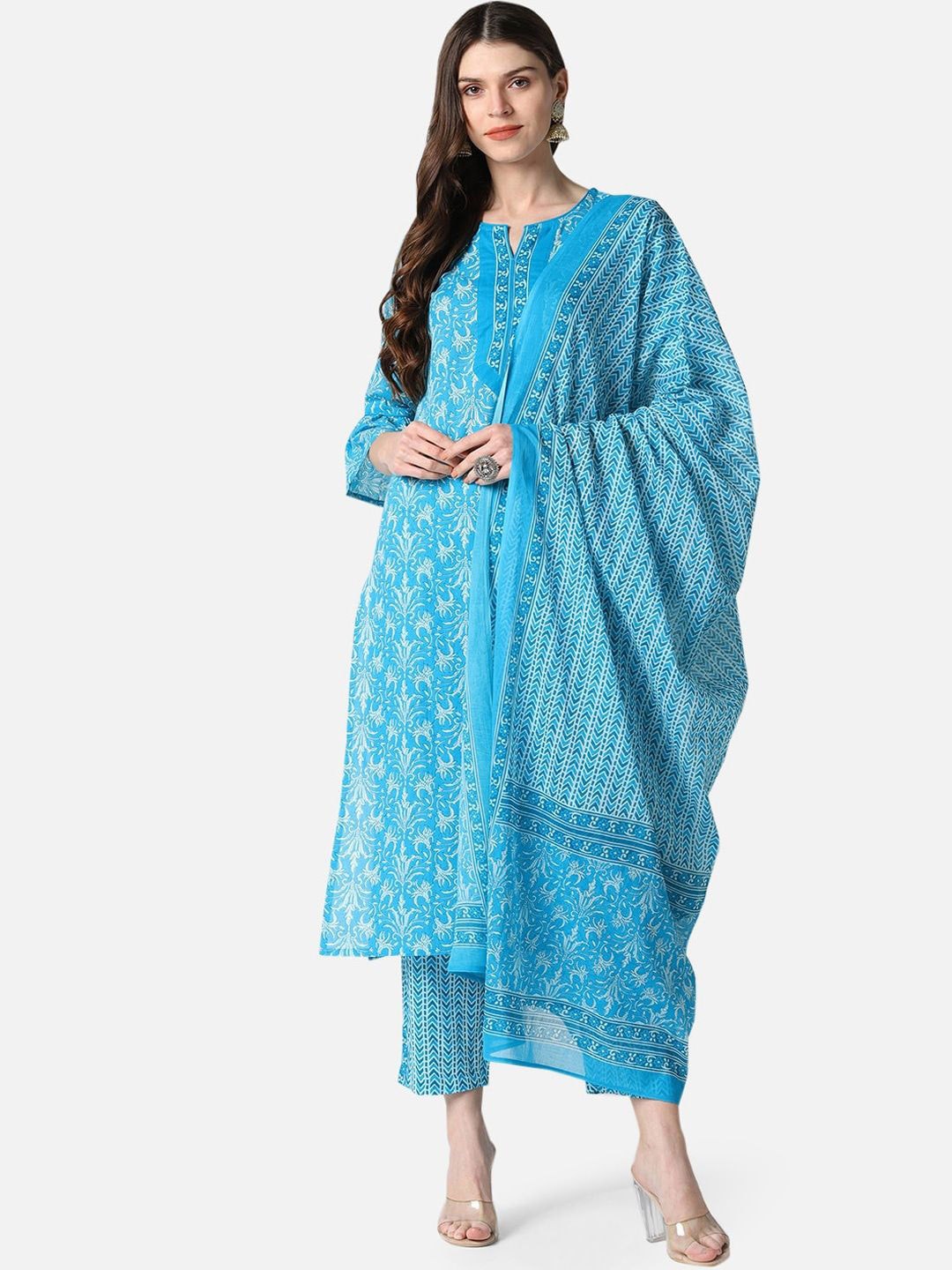 

KALINI Floral Printed Straight Pure Cotton Kurta with Trousers & Dupatta, Blue