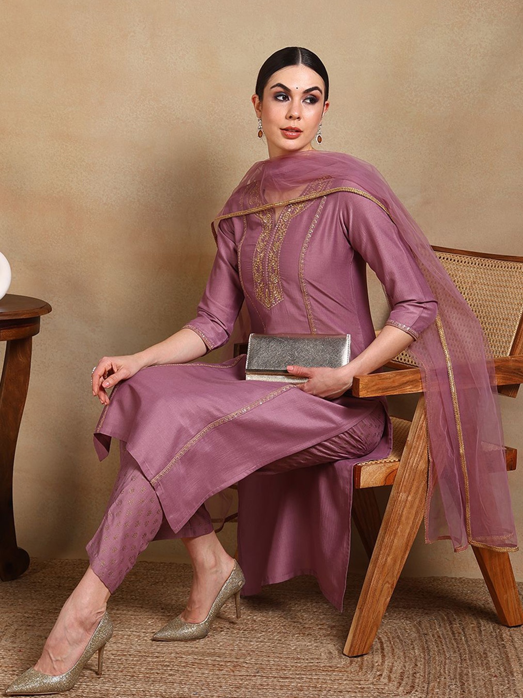 

KALINI Floral Embroidered Straight Kurta with Palazzos & Dupatta, Mauve