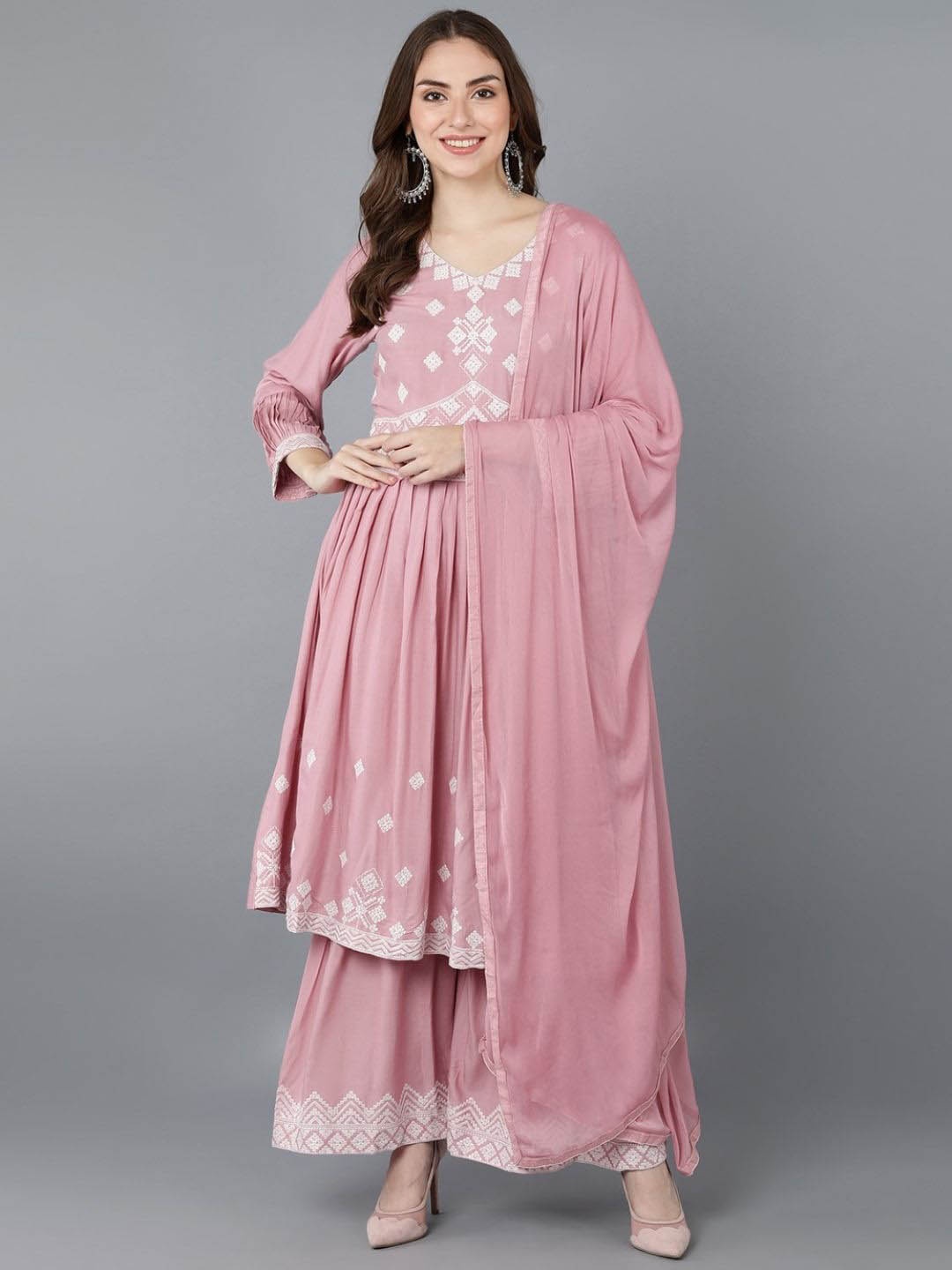 

KALINI Ethnic Motifs Embroidered Pleated Anarkali Thread Work Kurta with Sharara & Dupatta, Pink