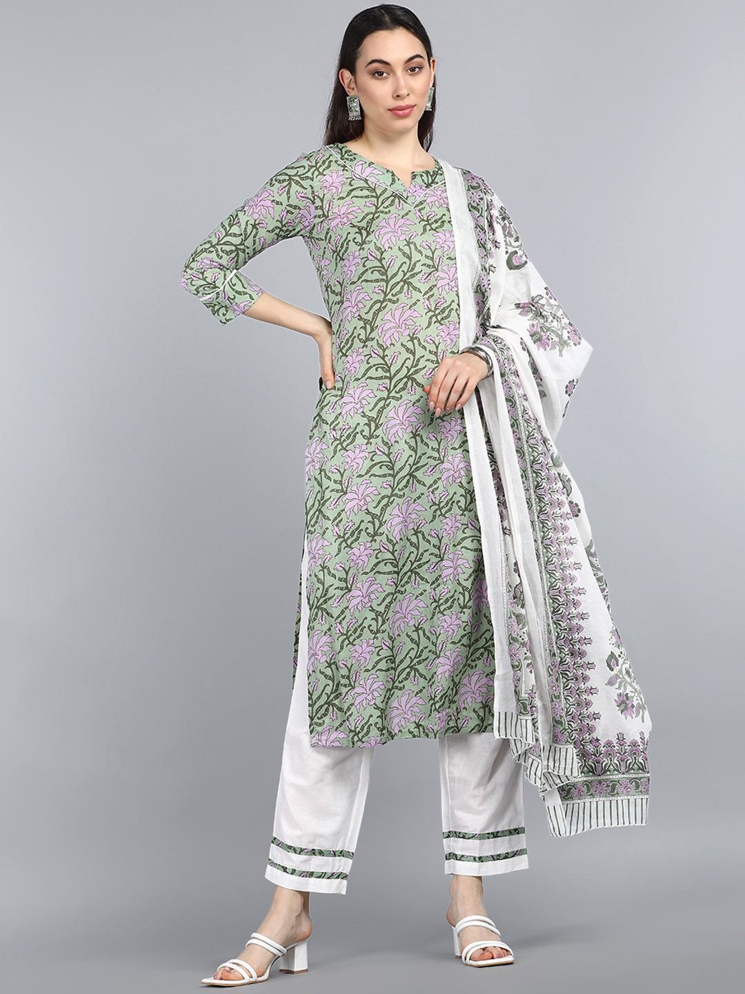 

KALINI Floral Printed Round Neck Pure Cotton Straight Kurta With Trousers & Dupatta, Green