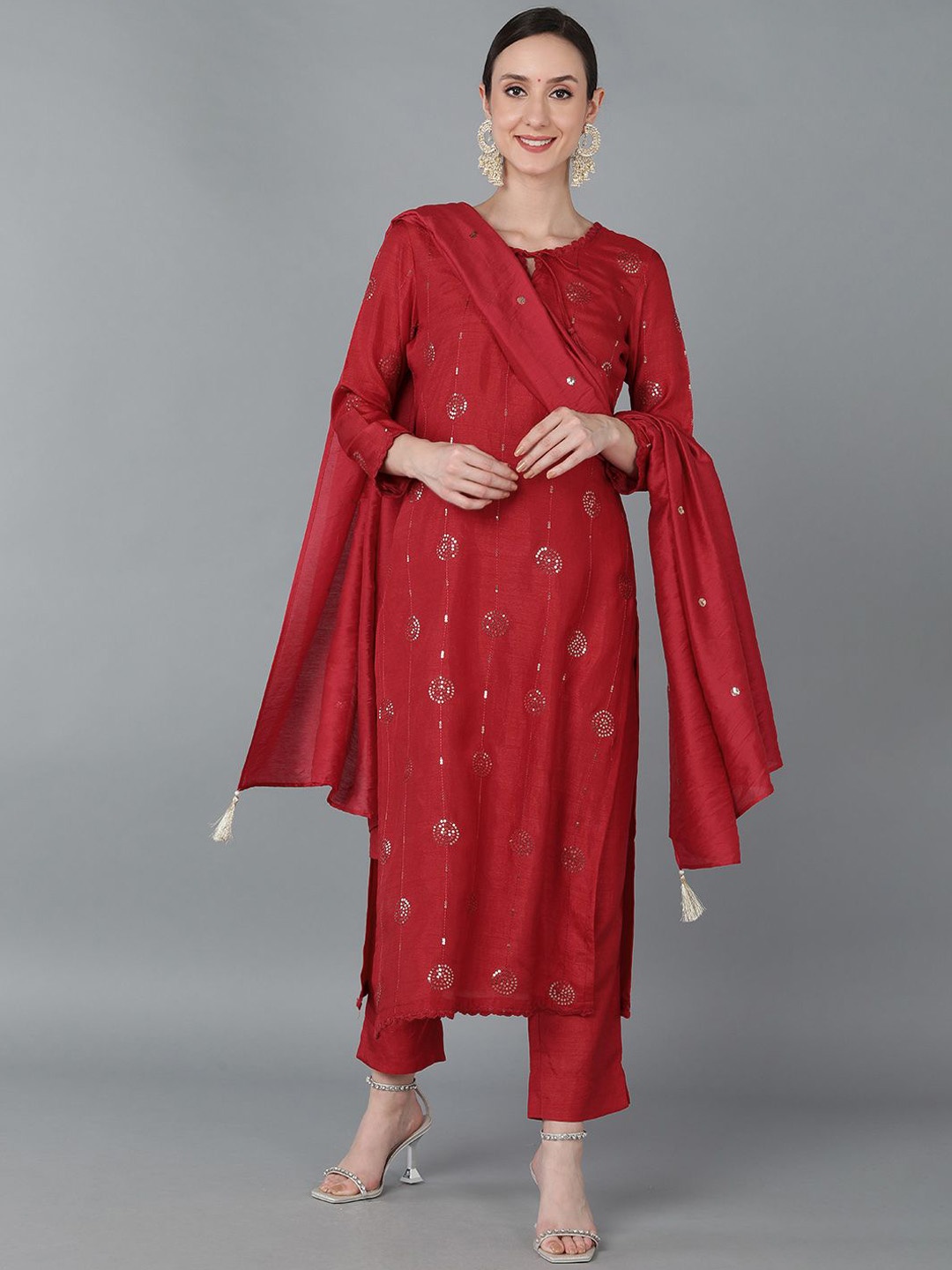 

KALINI Floral Embroidered Straight Sequinned Kurta with Trousers & Dupatta, Red