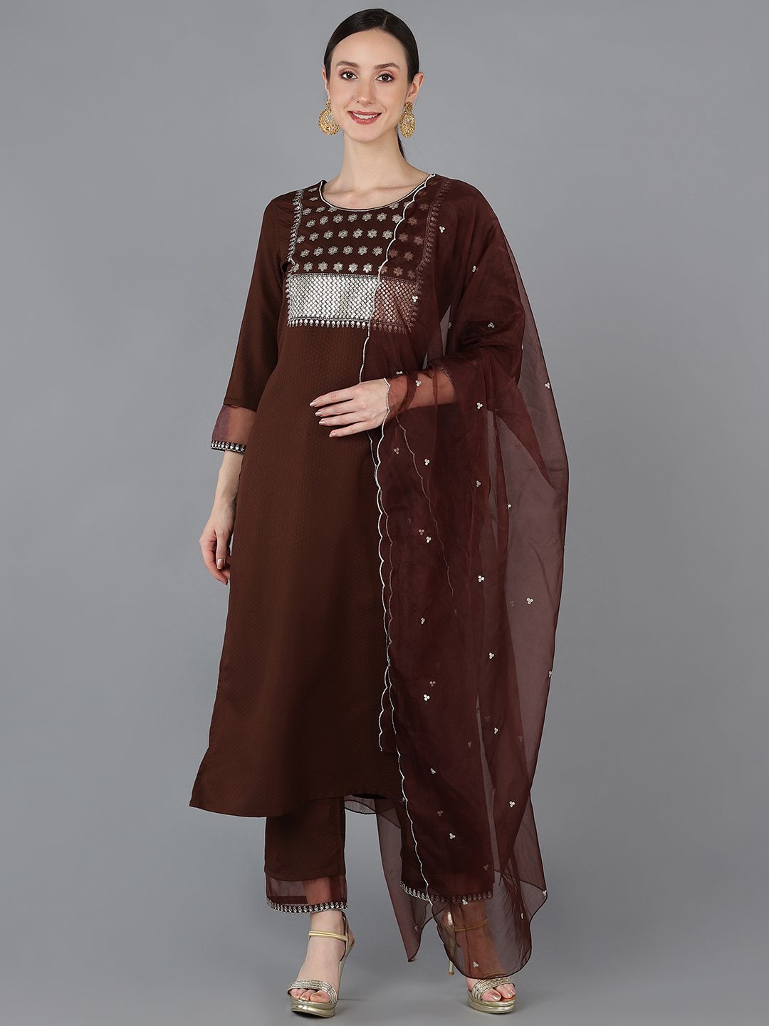 

KALINI Floral Yoke Design Straight Sequinned Kurta with Trousers & Dupatta, Brown