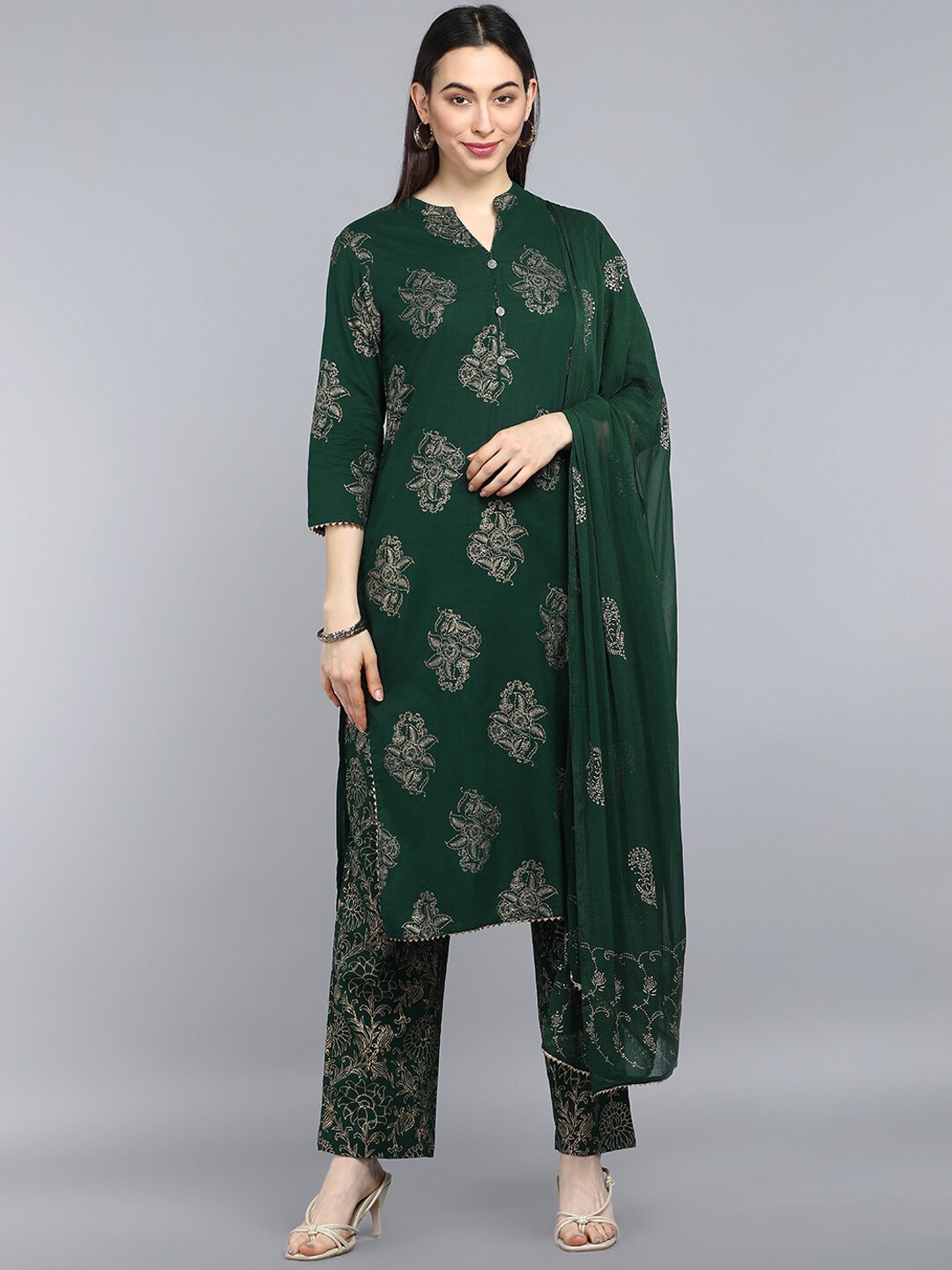 

KALINI Floral Printed Pure Cotton Straight Kurta With Trousers & Dupatta, Green