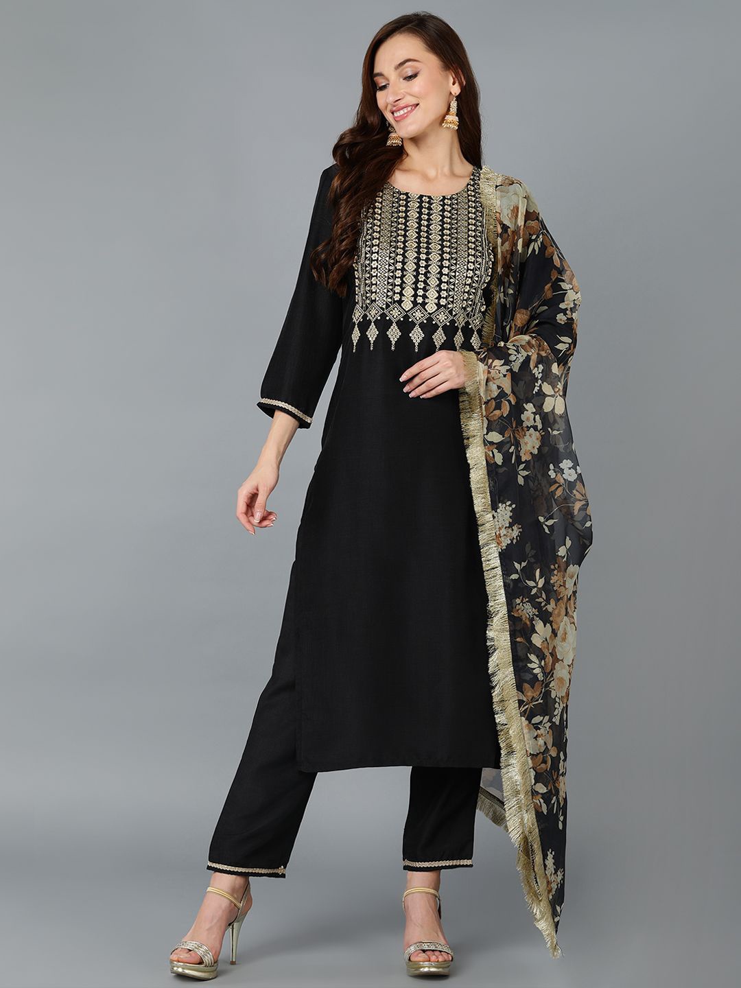 

KALINI Floral Yoke Design Thread Work Straight Kurta With Trousers & Dupatta, Black