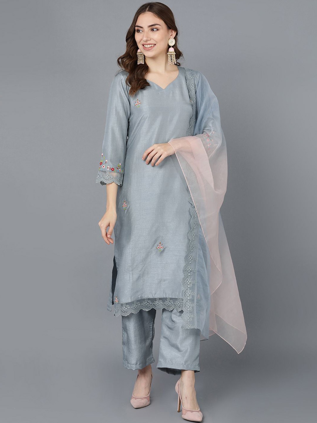 

KALINI Floral Embroidered V-Neck Straight Kurta with Trousers & Dupatta, Grey