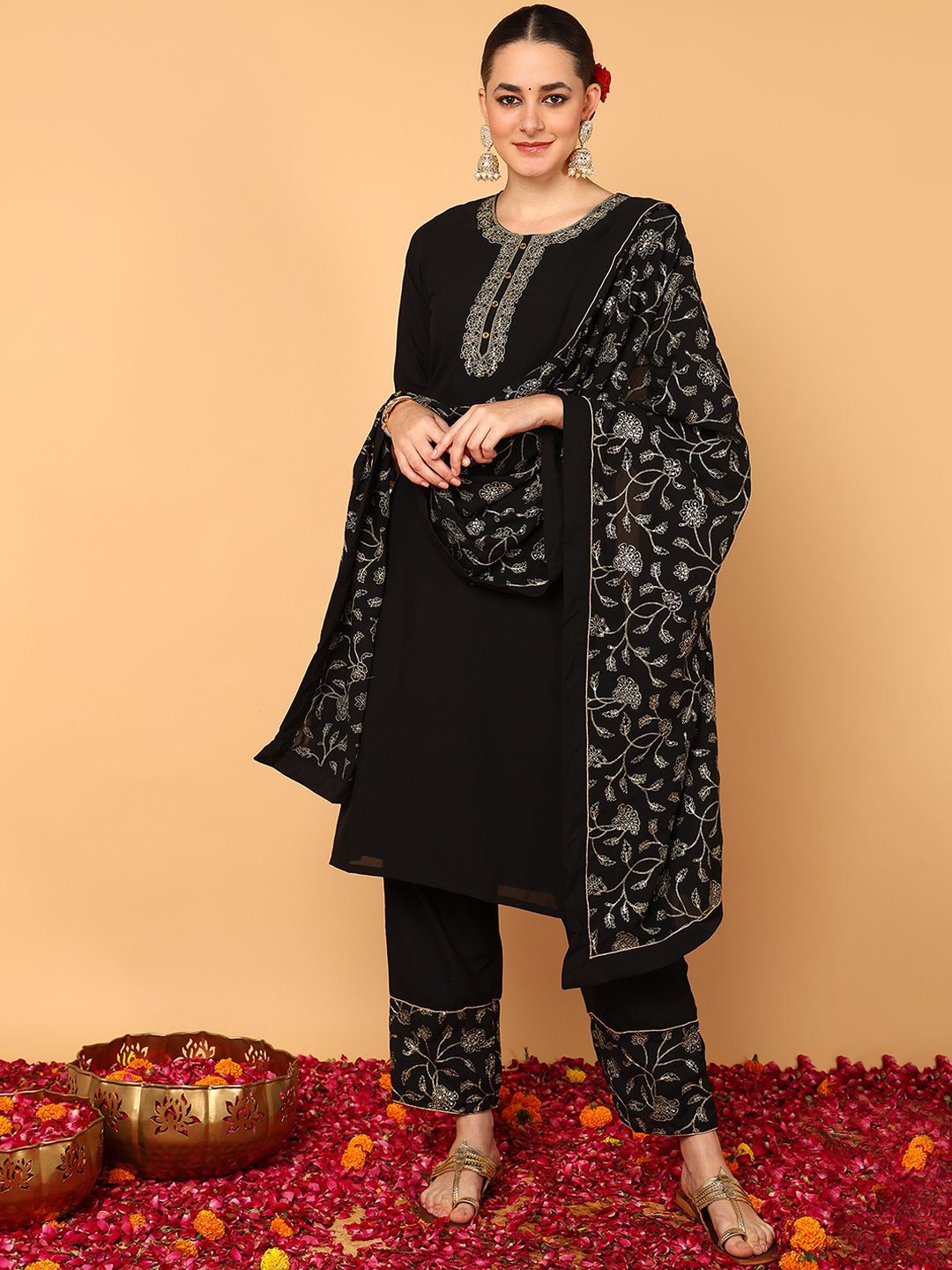 

KALINI Floral Embroidered Bell Sleeves Straight Kurta with Palazzos & Dupatta, Black