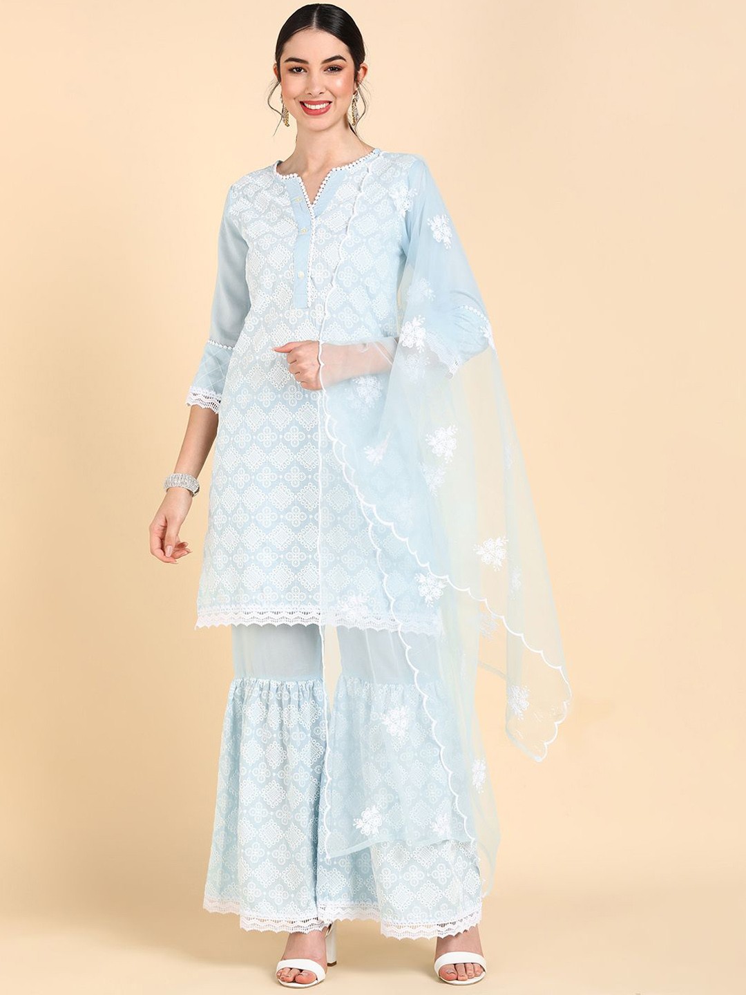 

KALINI Ethnic Motifs Embroidered Straight Kurta with Sharara & Dupatta, Blue