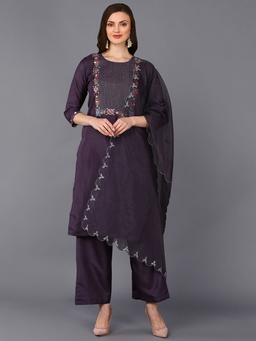 

KALINI Floral Yoke Design Straight Kurta With Palazzo & Dupatta, Grey