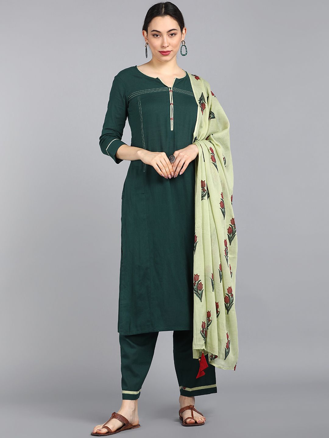 

KALINI Straight Pure Cotton Kurta with Trousers & Dupatta, Green