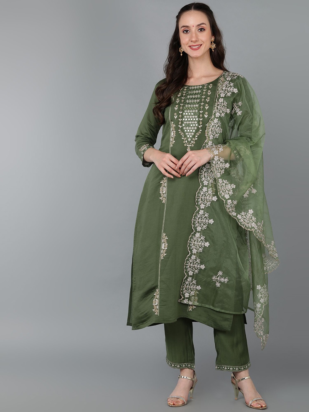 

KALINI Ethnic Motifs Embroidered Straight Kurta with Trousers & Dupatta, Green