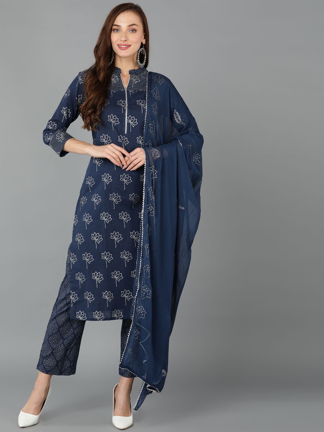

KALINI Floral Printed Mandarin Collar Pure Cotton Straight Kurta With Trousers & Dupatta, Navy blue