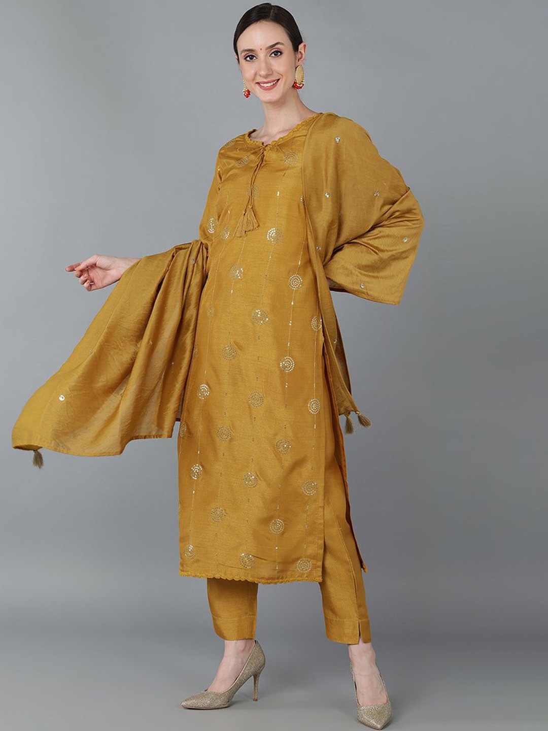 

KALINI Floral Embroidered Tie-Up Neck Sequinned Straight Kurta With Trousers & Dupatta, Mustard