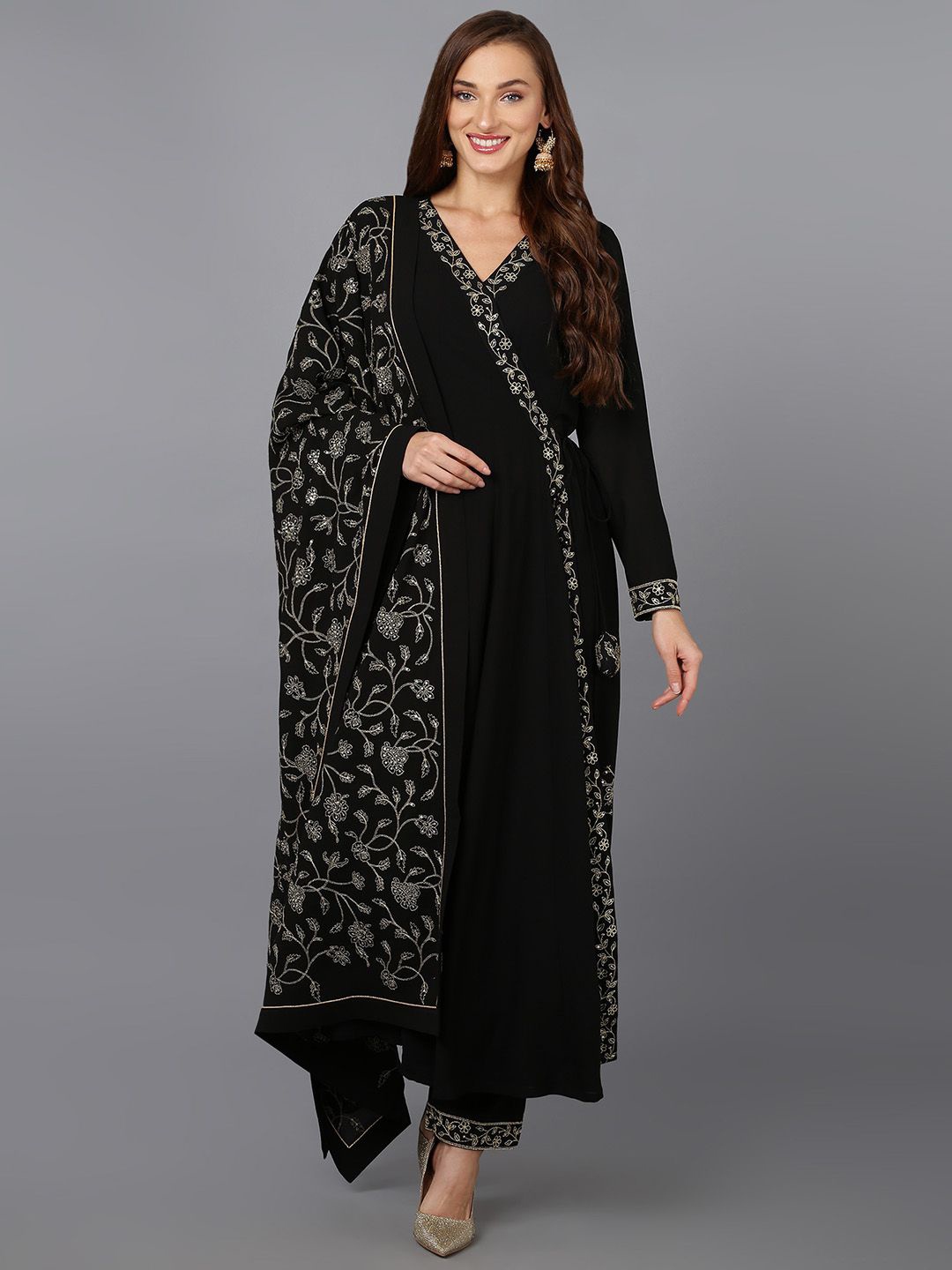 

KALINI Floral Embroidered Angrakha Sequinned Kurta with Trousers & Dupatta, Black