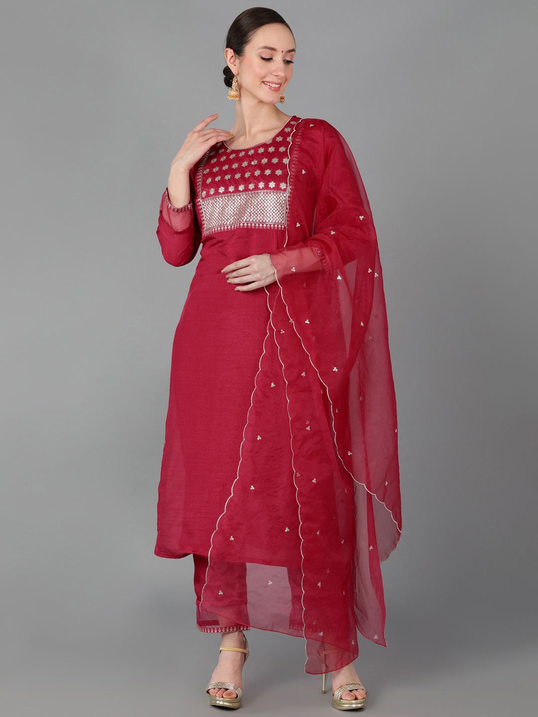 

KALINI Floral Embroidered Sequinned Straight Kurta with Trousers & Dupatta, Red