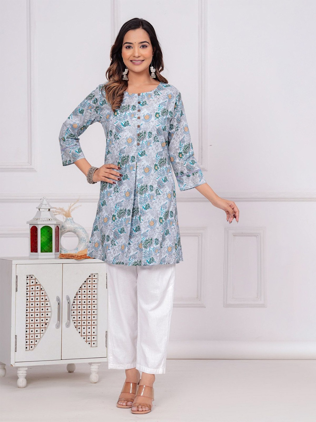 

SARAI CREATIONS Floral Printed Round Neck Cotton Tunic, Blue