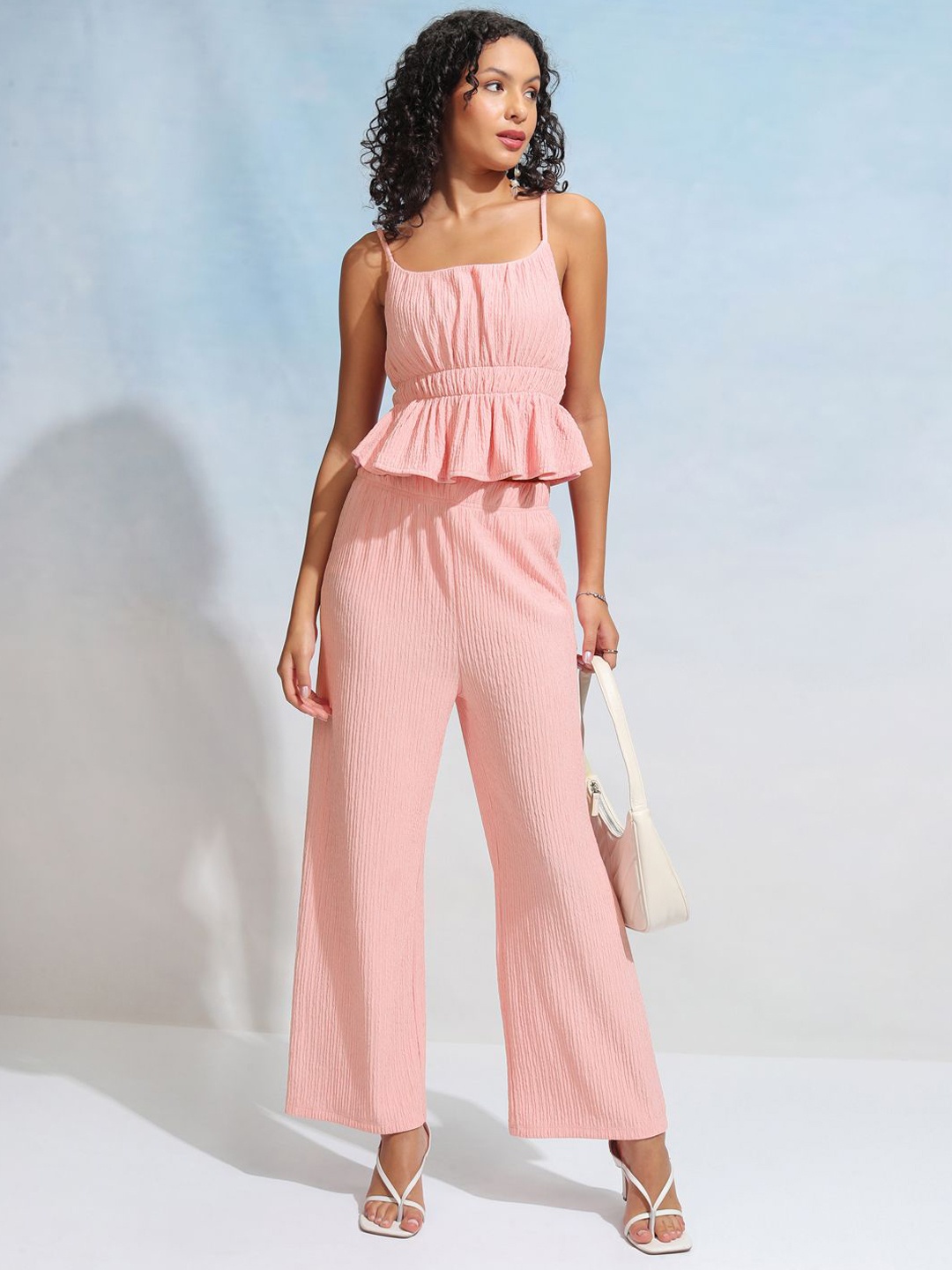 

Tokyo Talkies Pink Striped Shoulder Strap Peplum Top With Trousers