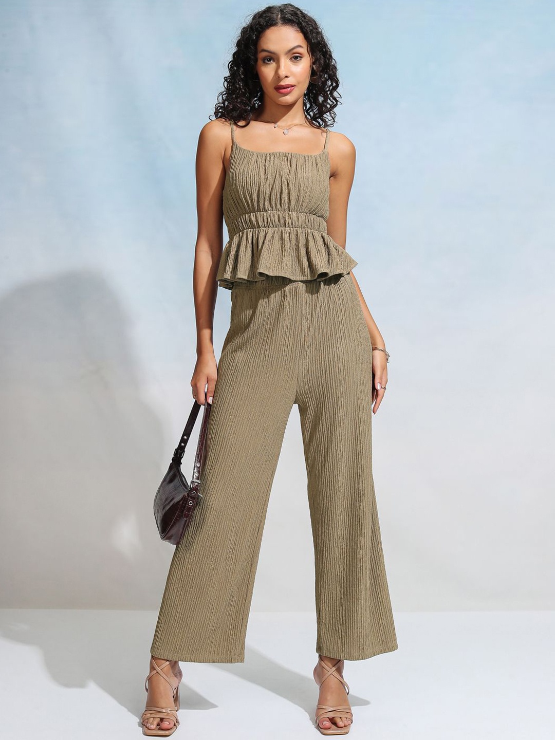 

Tokyo Talkies Brown Striped Shoulder Straps Peplum Top With Trousers