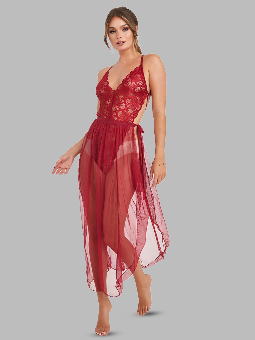 

KRENOZ Net Halter Neck Baby Doll, Red