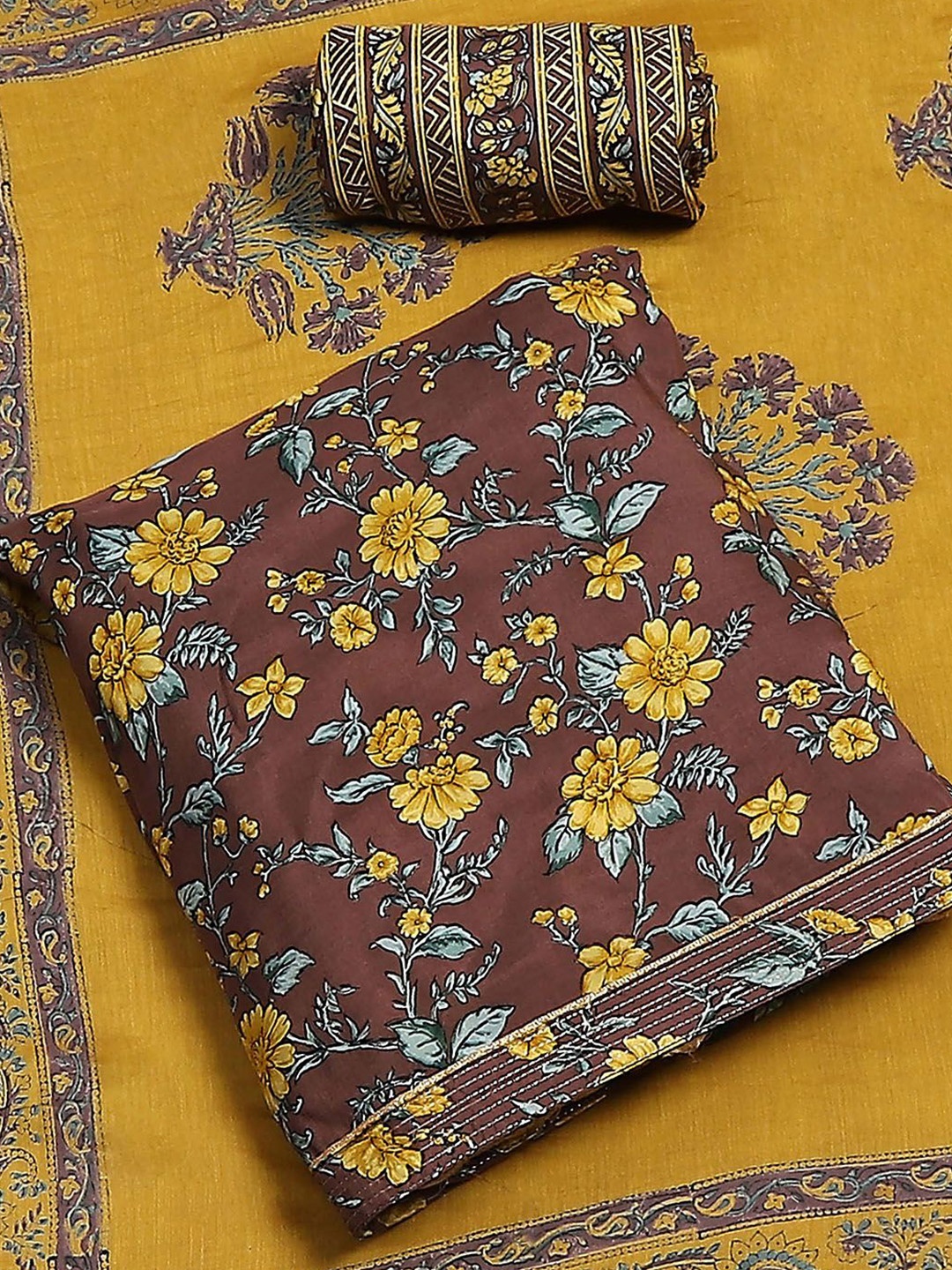 

Biba Floral Viscose Rayon Unstitched Dress Material, Brown