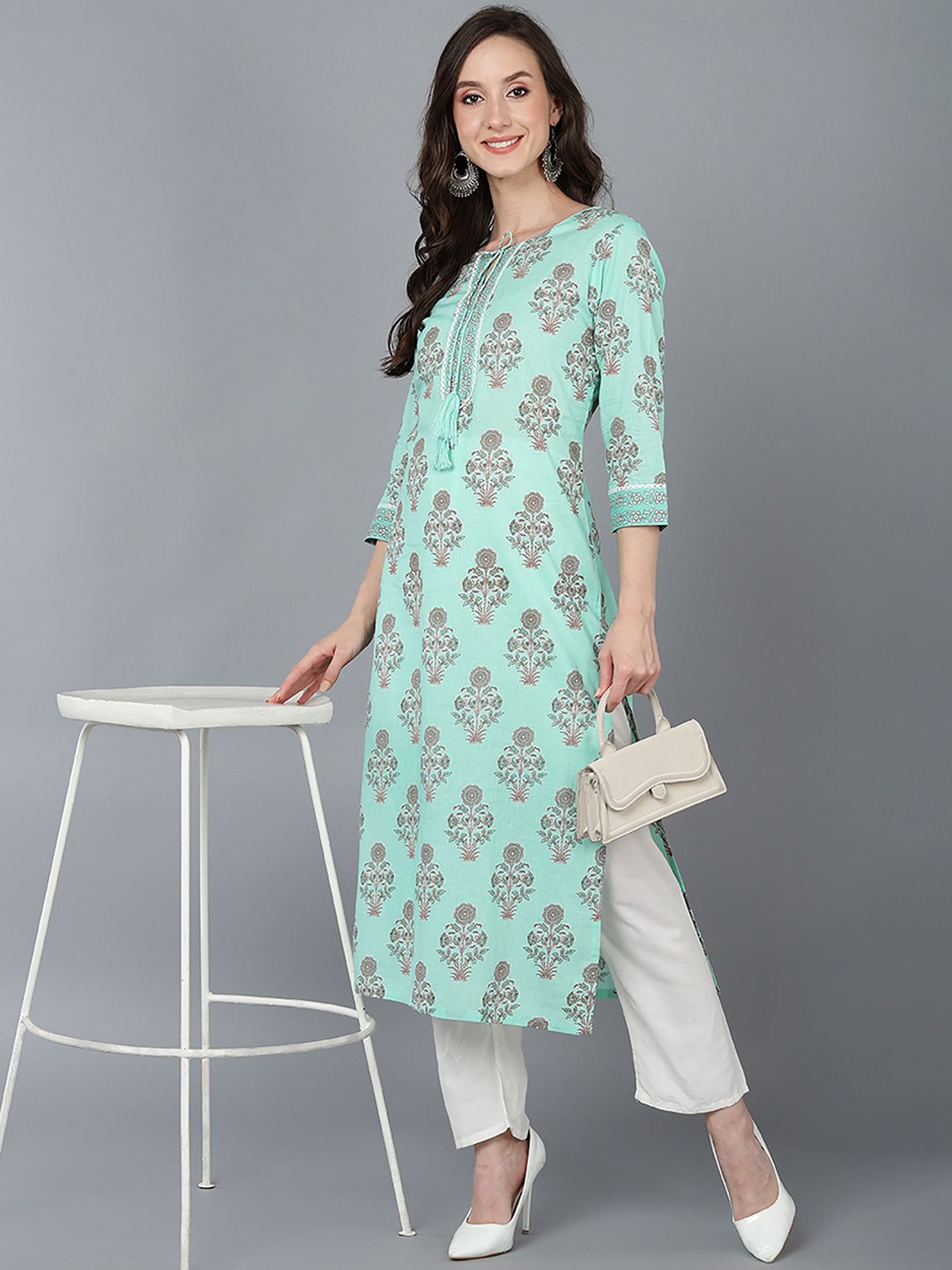 

KALINI Cotton Ethnic Motifs Printed Gotta Patti Cotton Straight Kurta, Sea green