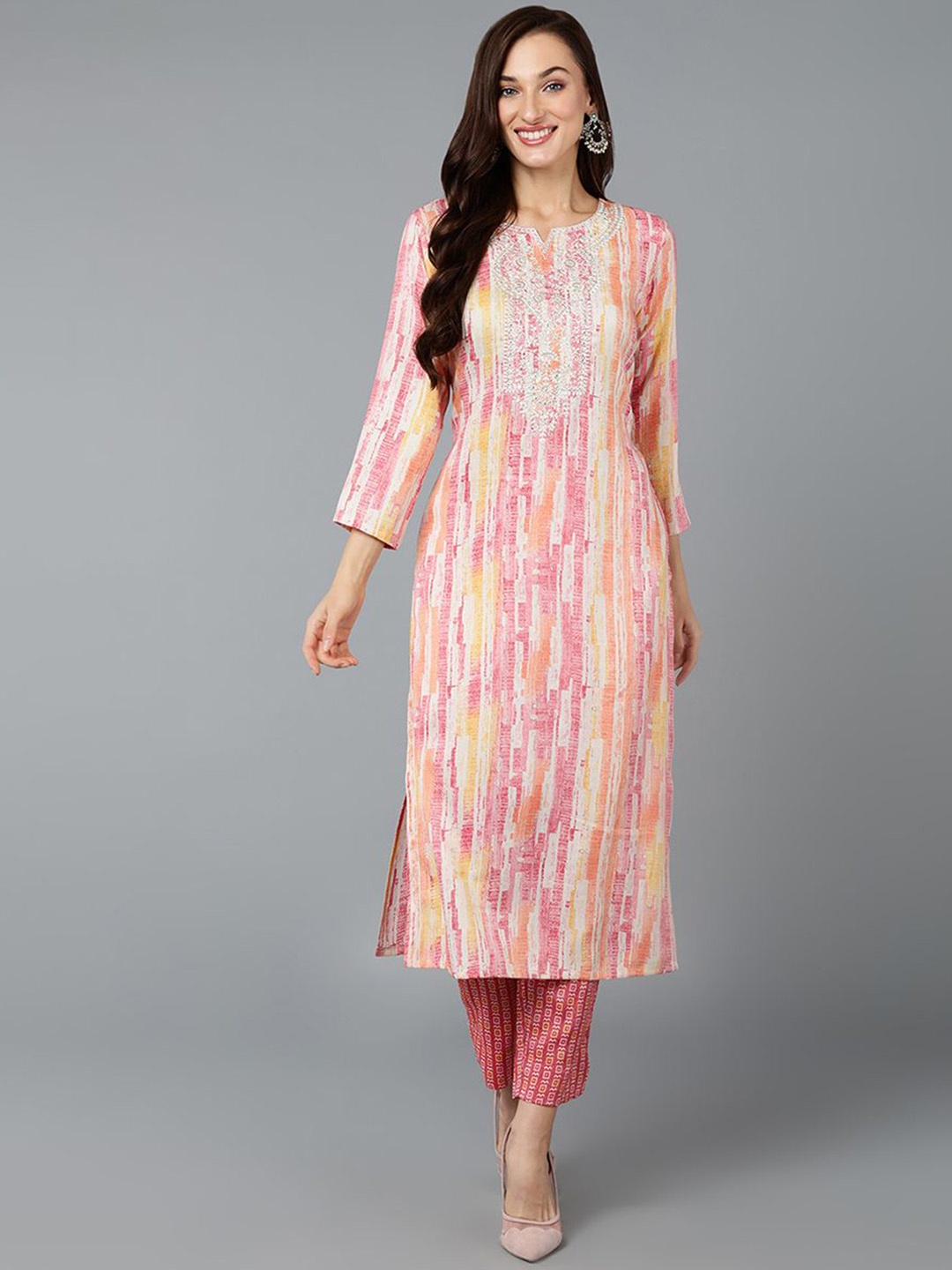 

KALINI Abstract Embroidered Thread Work Straight Kurta, Pink