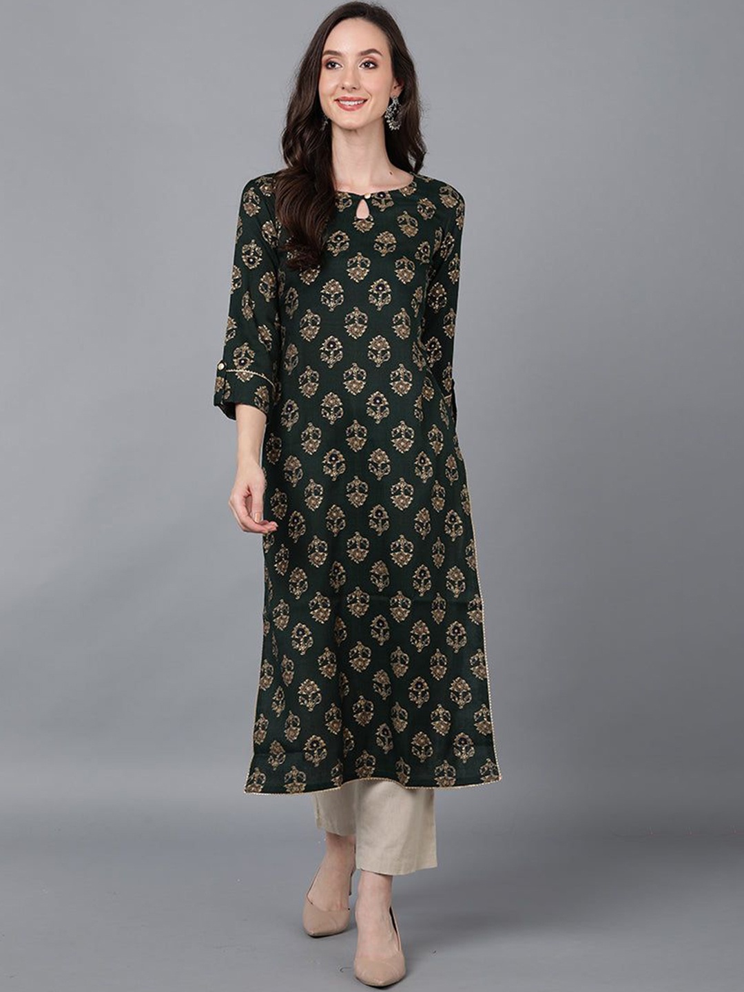 

KALINI Floral Printed Keyhole Neck Roll Up Sleeves Cotton Straight Kurta, Green