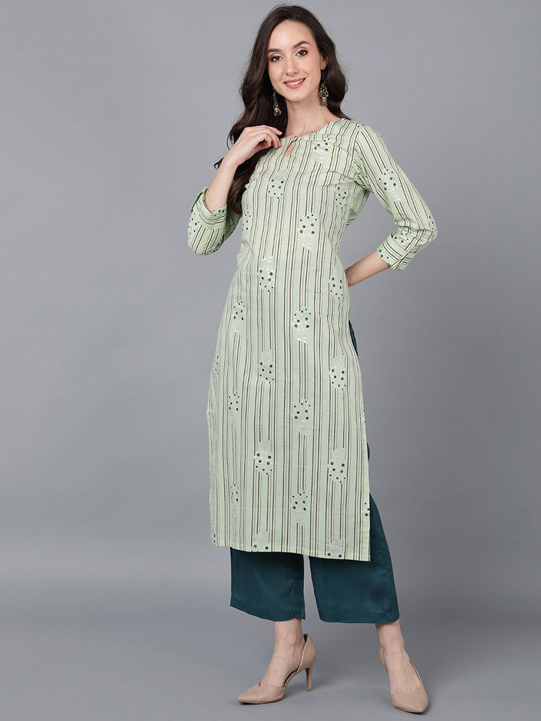 

KALINI Striped Cotton Straight Kurta, Sea green