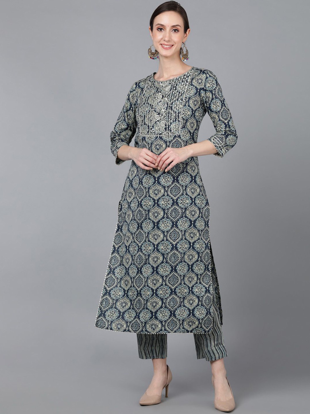 

KALINI Ethnic Motifs Printed Thread Work Cotton Straight Kurta, Teal