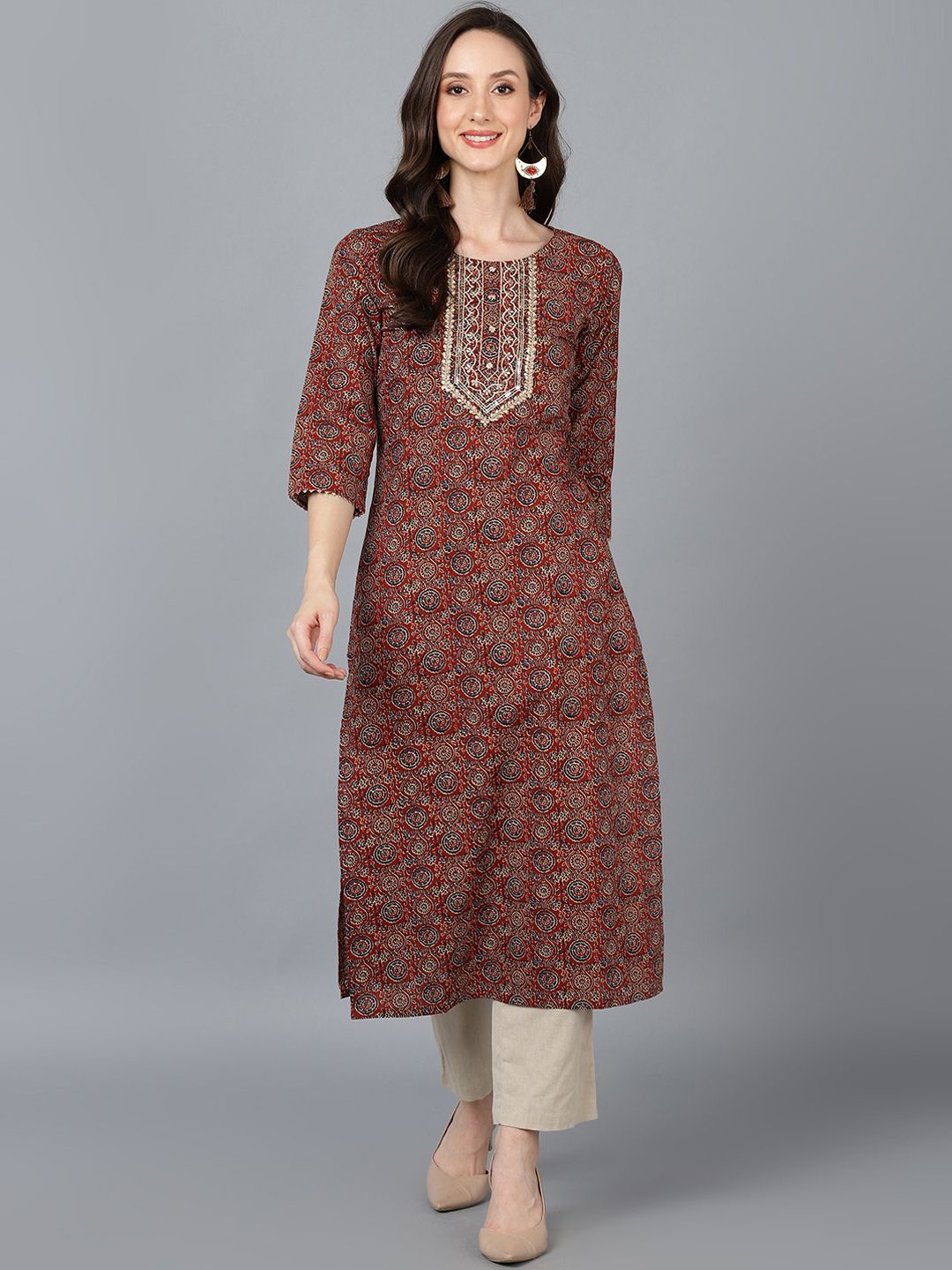 

KALINI Geometric Embroidered Thread Work Cotton Straight Kurta, Brown