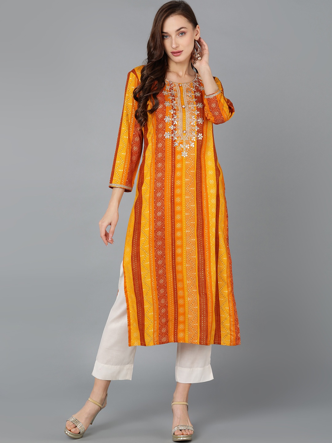 

KALINI Bandhani Printed Embroidered Straight Kurta, Orange