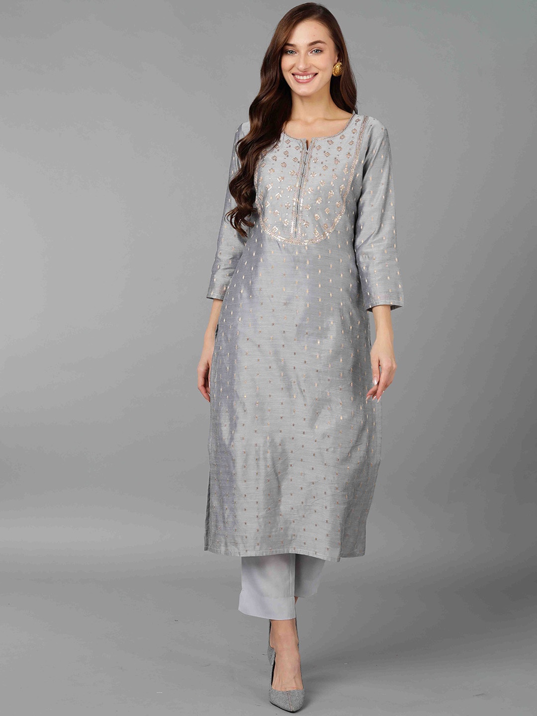 

KALINI Women Yoke Design Thread Work Straight Kurta, Grey