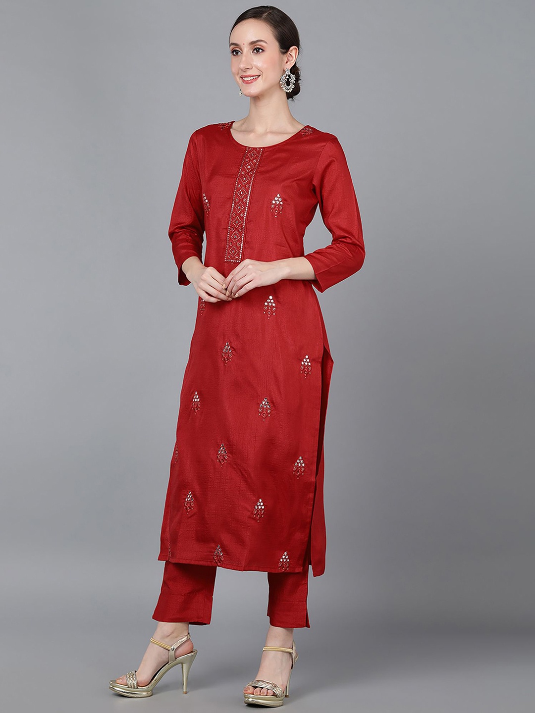

KALINI Ethnic Motifs Embroidered Thread Work Straight Kurta, Red