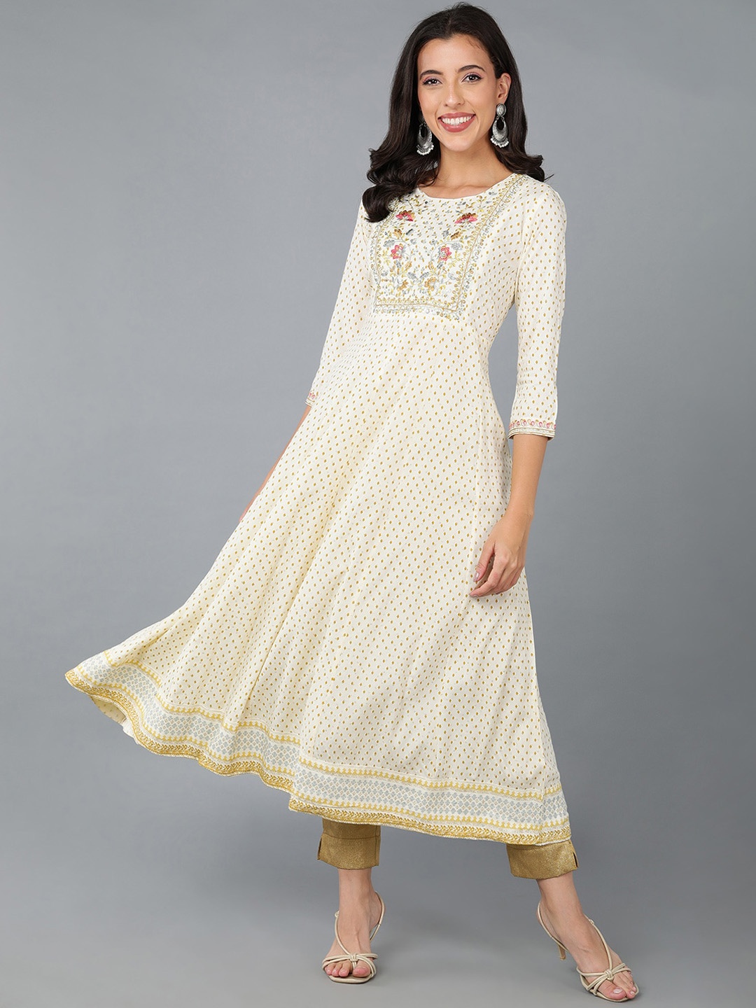 

KALINI Round Neck Thread Work Anarkali Kurta, Cream