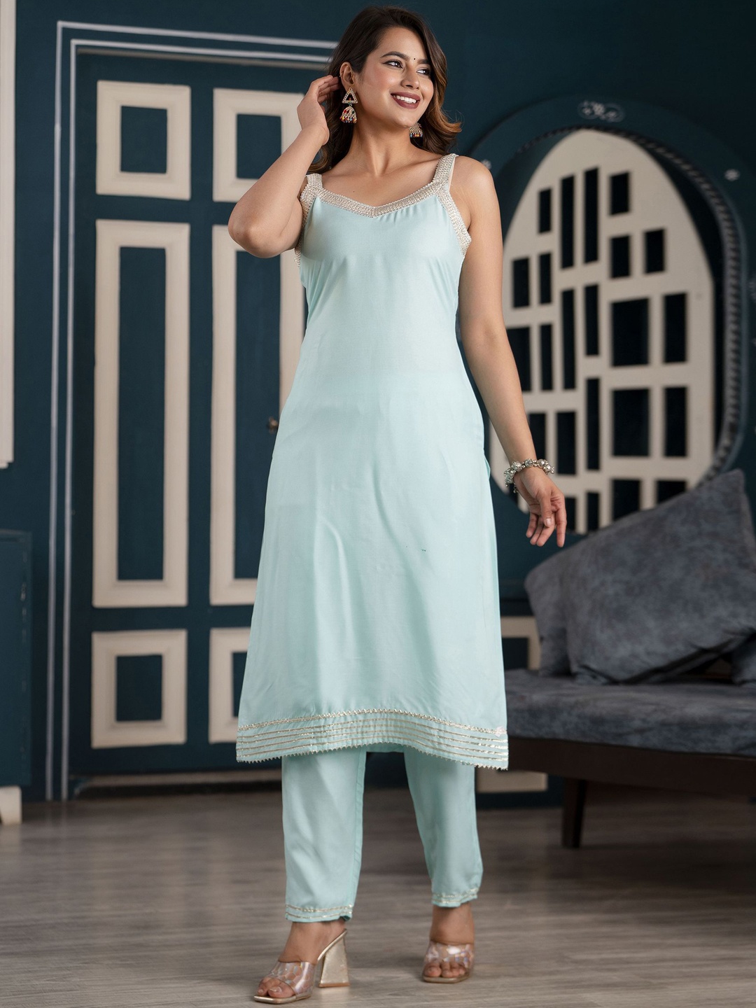

Shedika Regular Gotta Patti Kurta with Trousers, Blue