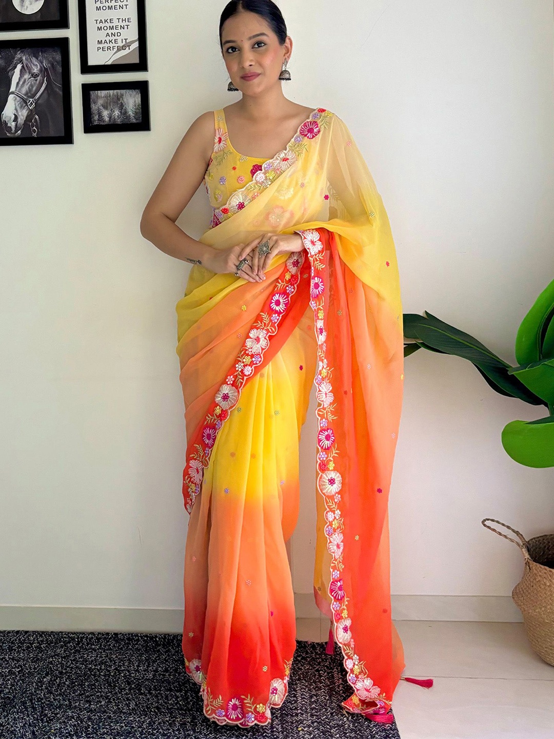 

CANIZZARO Floral Embroidered Pure Georgette Heavy Work Saree, Orange