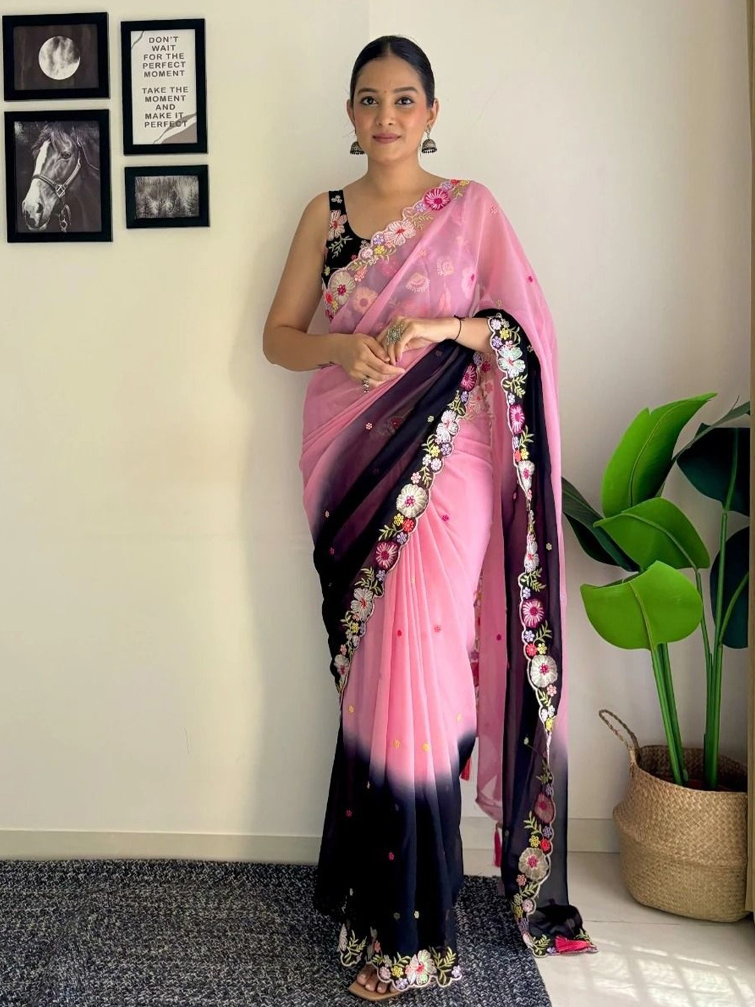 

CANIZZARO Floral Embroidered Pure Georgette Heavy Work Saree, Black