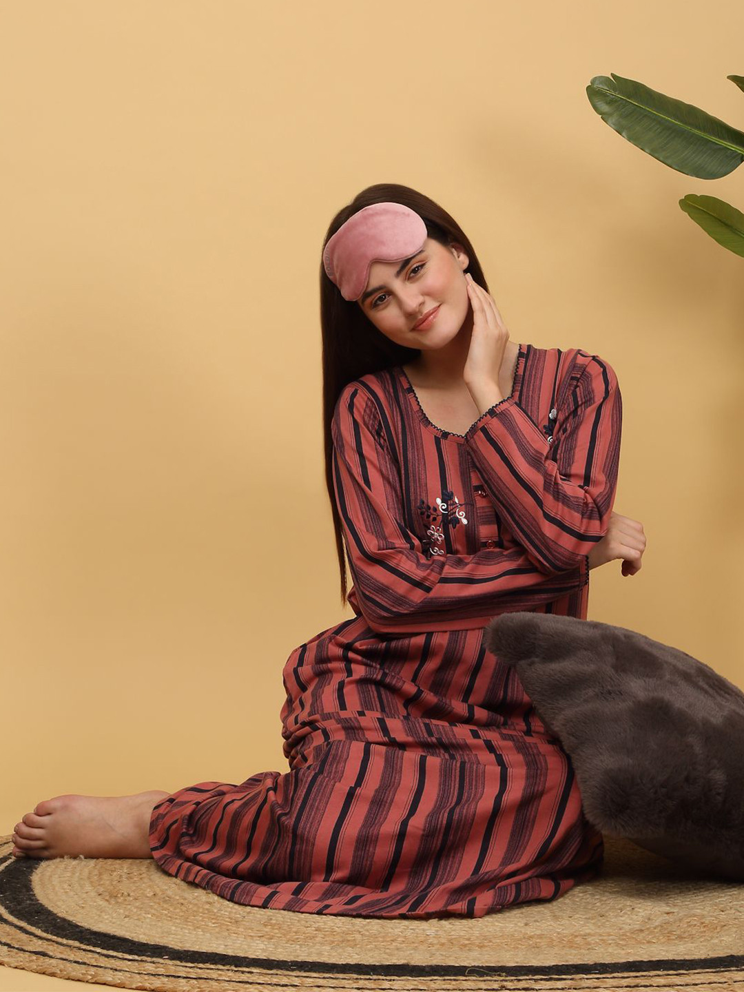 

Sweet Dreams Peach & Black Round Neck Striped Maxi Nightdress