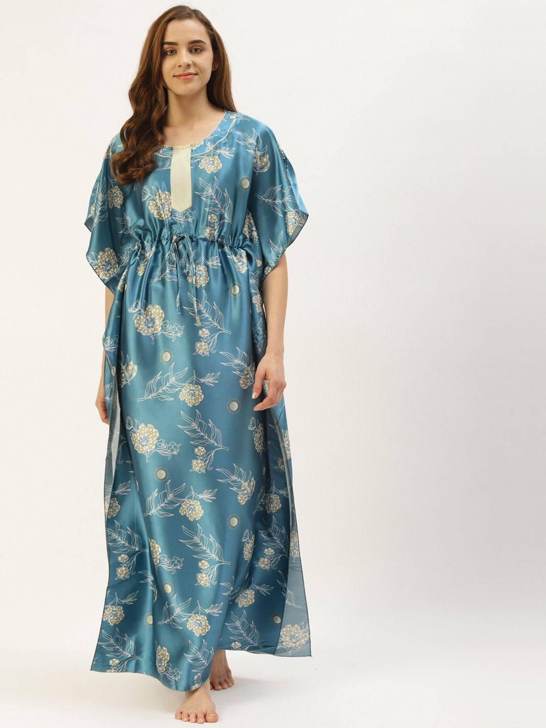 

Sweet Dreams Blue & Green Plus Size Floral Printed Satin Kaftan Maxi Nightdress