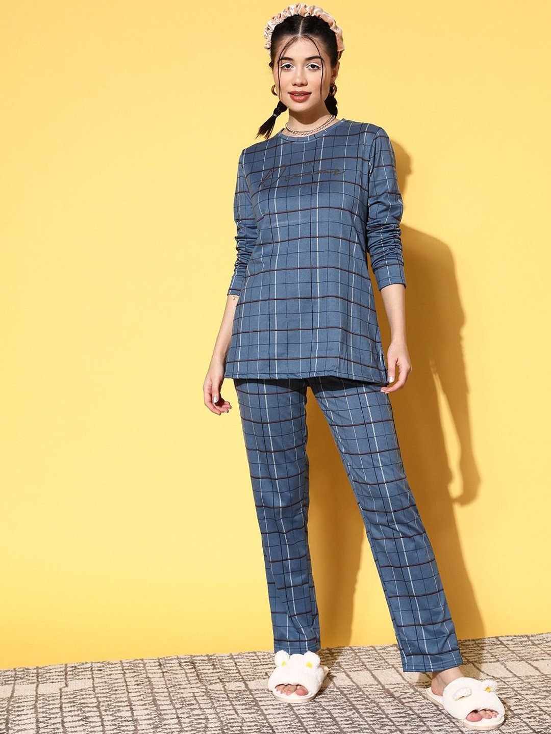 

Sweet Dreams Blue Round Neck Long Sleeves Checked Night suit