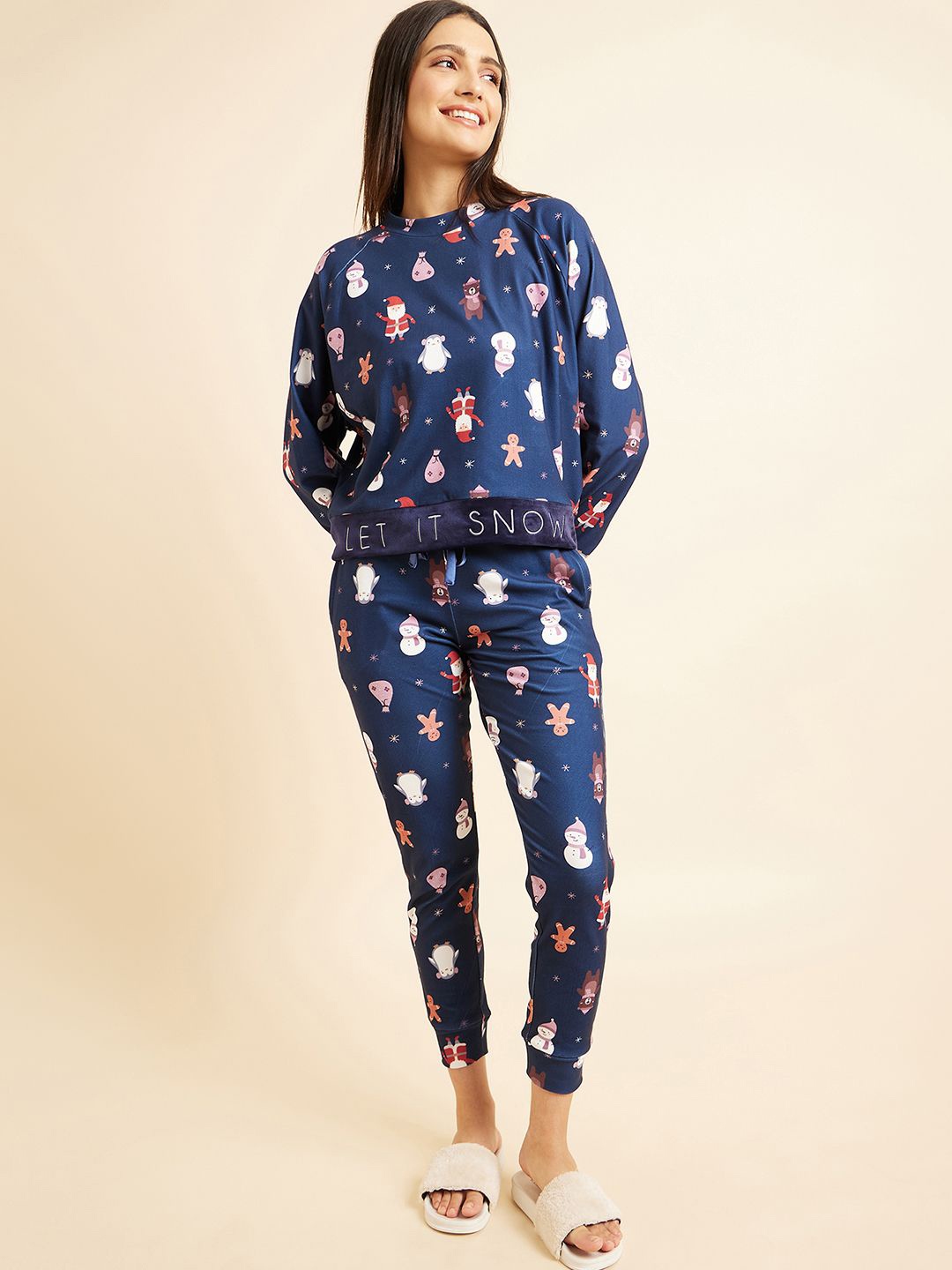 

Sweet Dreams Round Neck Long Sleeves Women Printed Night suit, Navy blue