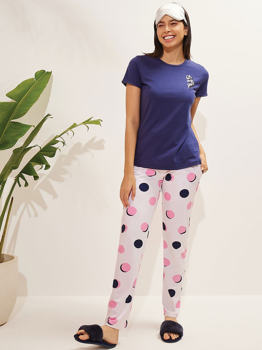

Sweet Dreams Round Neck Short Sleeves Women Printed Night suit, Navy blue
