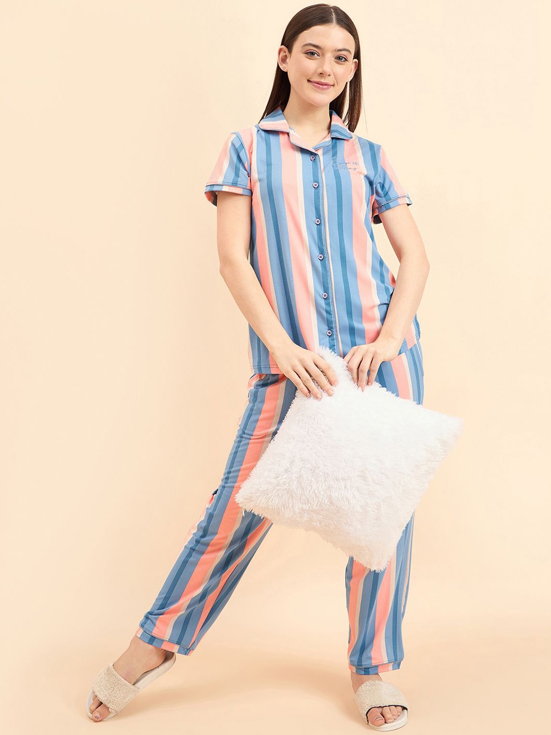 

Sweet Dreams Shirt Collar Short Sleeves Women Striped Night suit, Blue