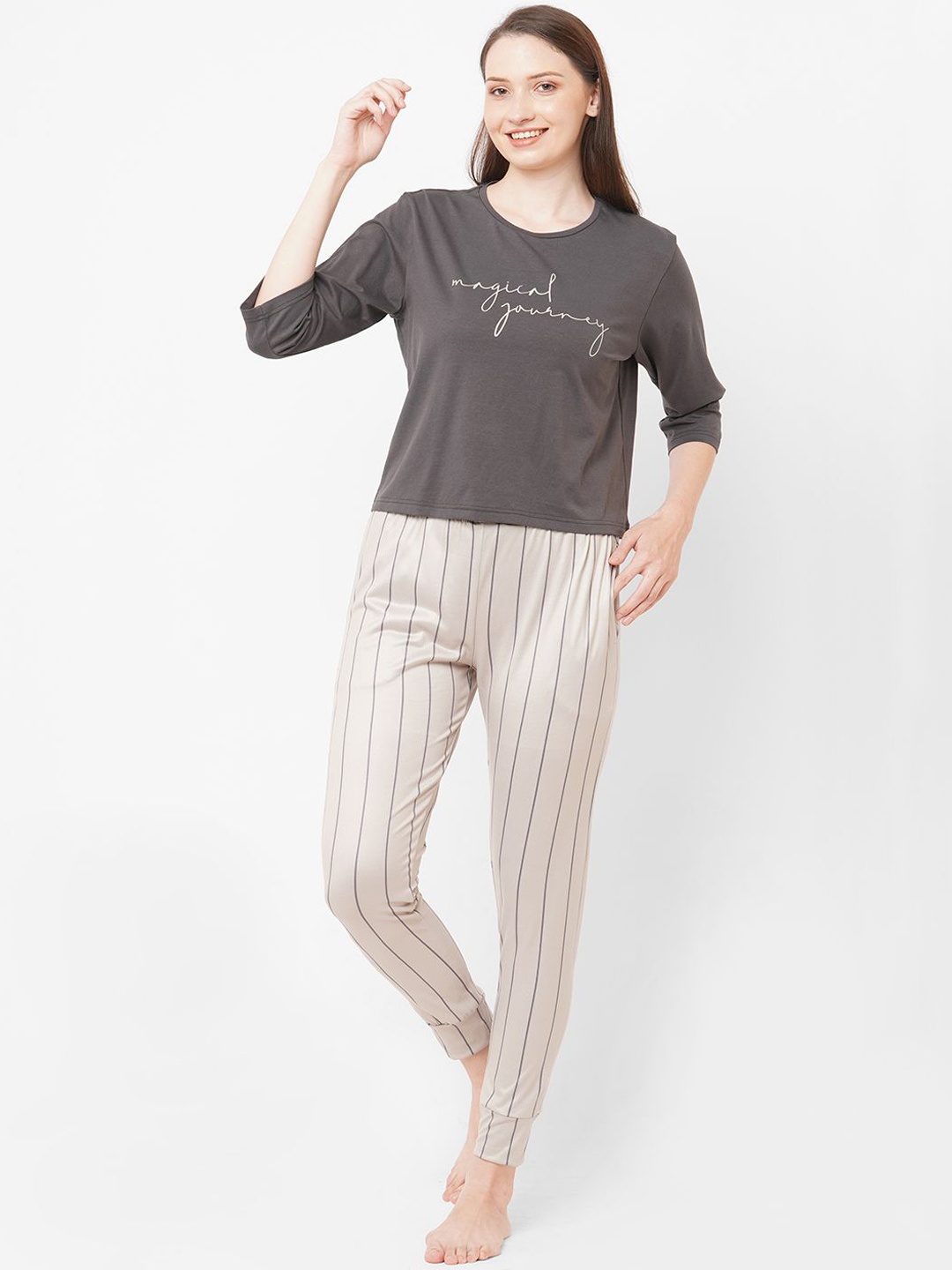 

Sweet Dreams Grey Round Neck Striped Night suit