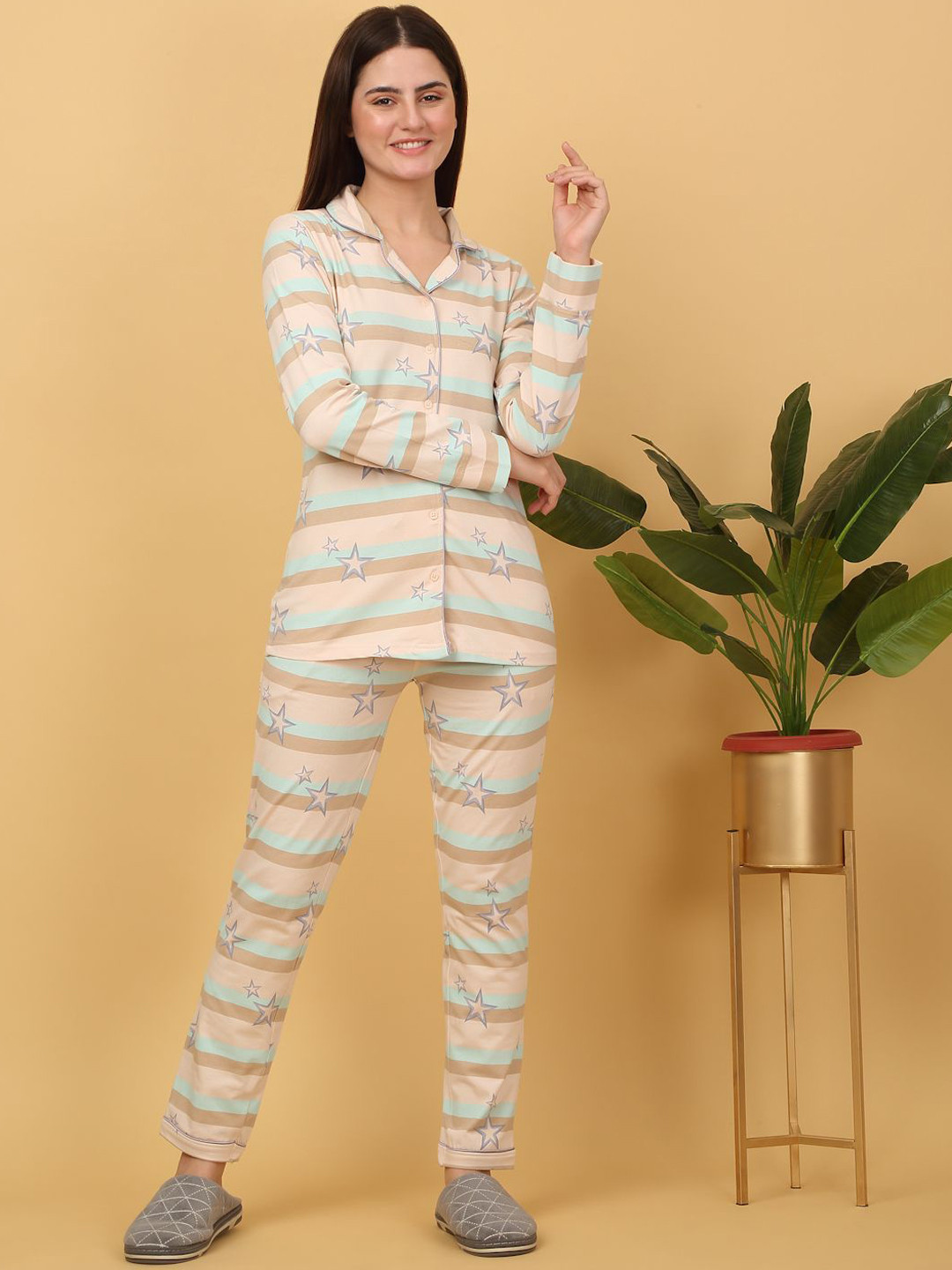

Sweet Dreams Shirt Collar Long Sleeves Women Striped Night suit, Peach