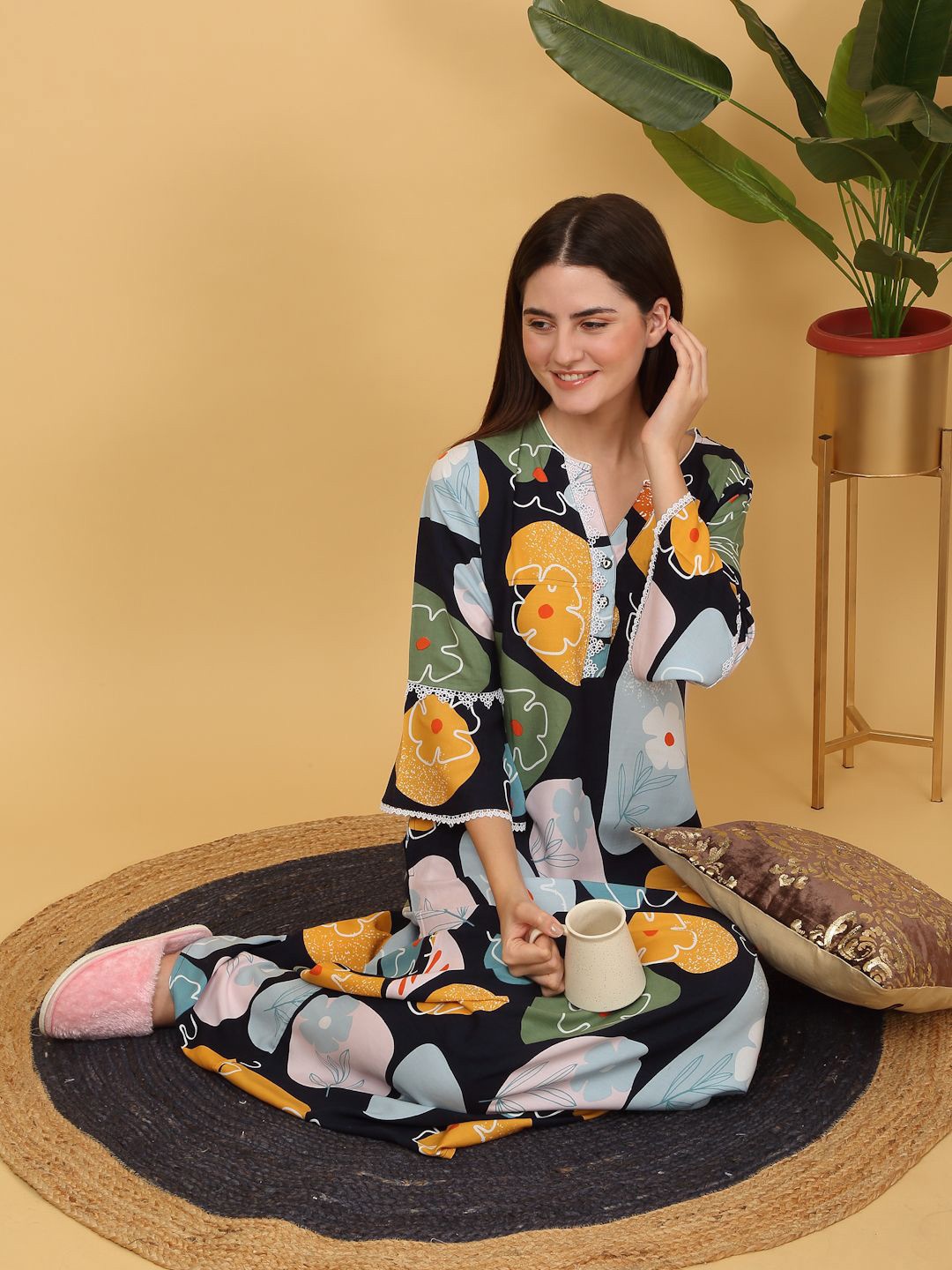 

Sweet Dreams Navy Blue & Yellow Notch Neck Printed Maxi Nightdress