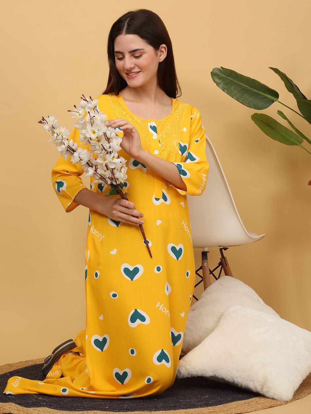 

Sweet Dreams Yellow & Green Round Neck Three Quarter Sleeves Printed Maxi Nightdress